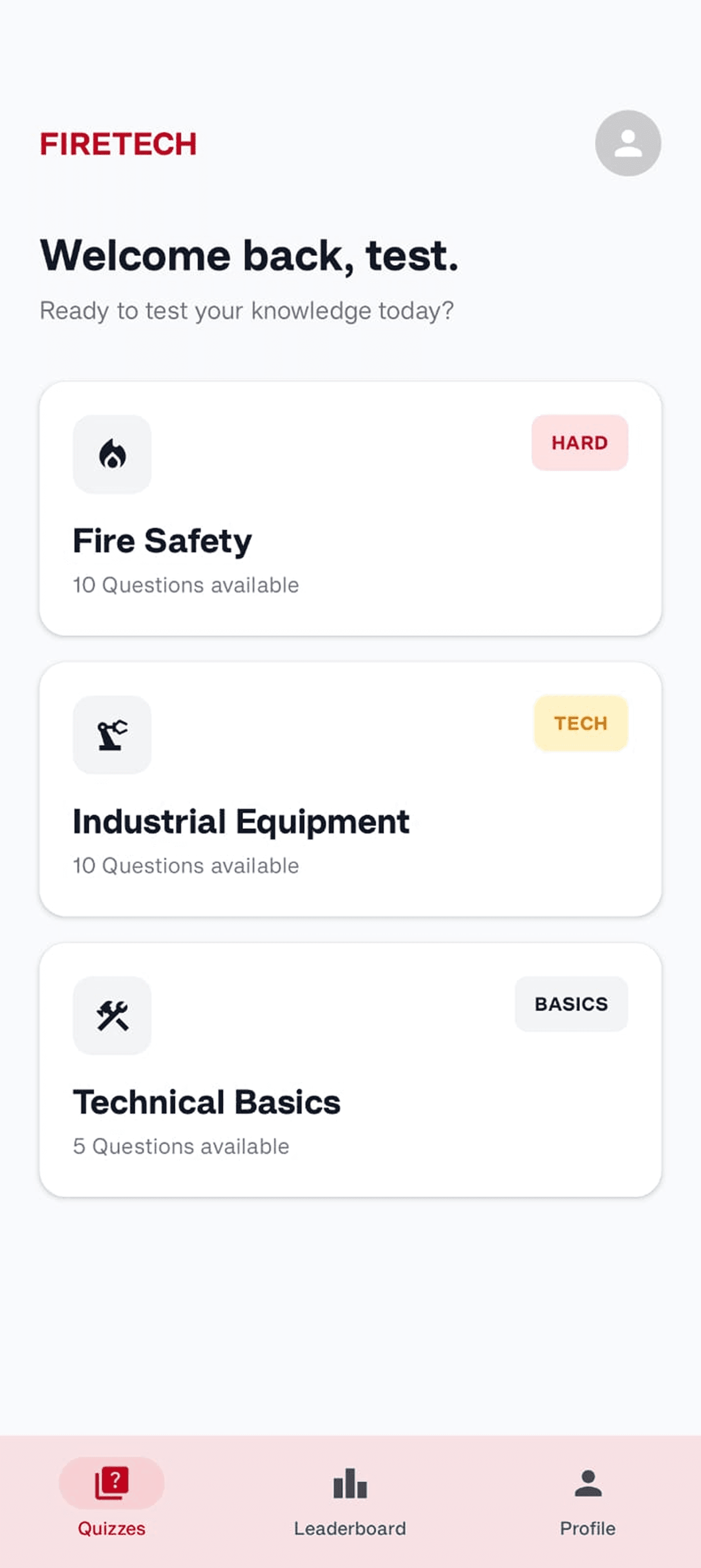 Firetech Quiz App - Quiz Dashboard & Modules
