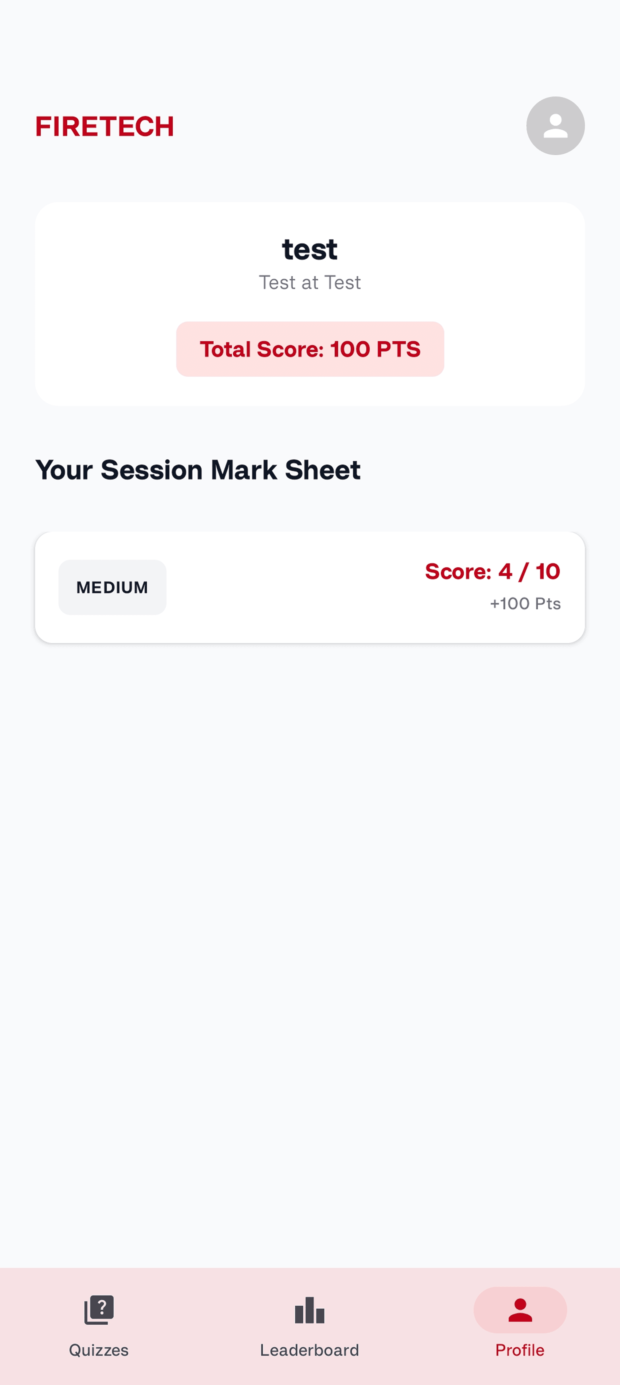 Firetech Quiz App - Candidate Profile & Analytics
